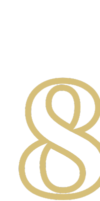 A nyolcas számjegy arany színben, elegáns betűtípussal, háttérben fekete színnel.