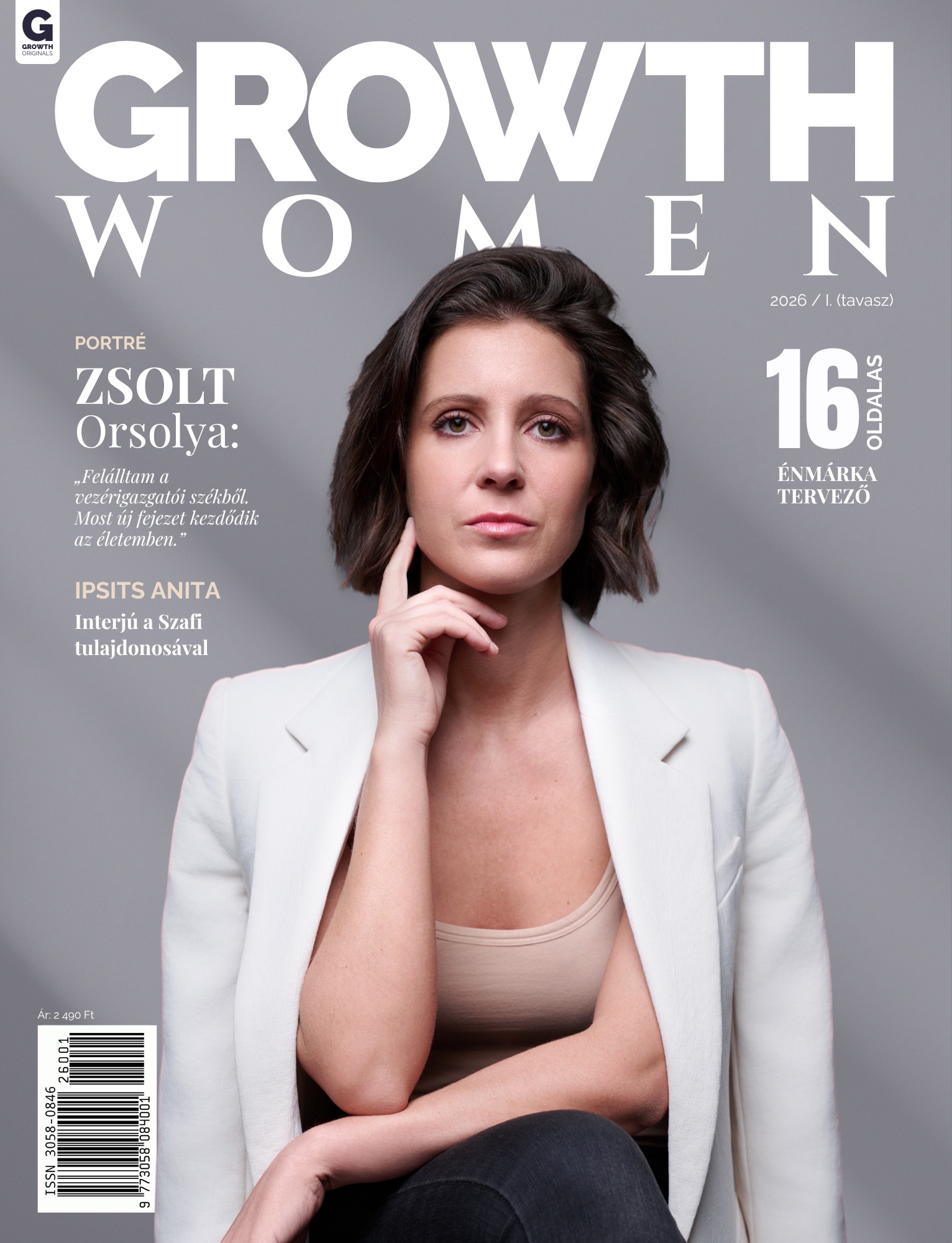 A Growth Women magazin borítója, egy portré Orsolya Zsolt-ról, aki fehér zakóban ül, komoly arckifejezéssel. A háttér szürke.